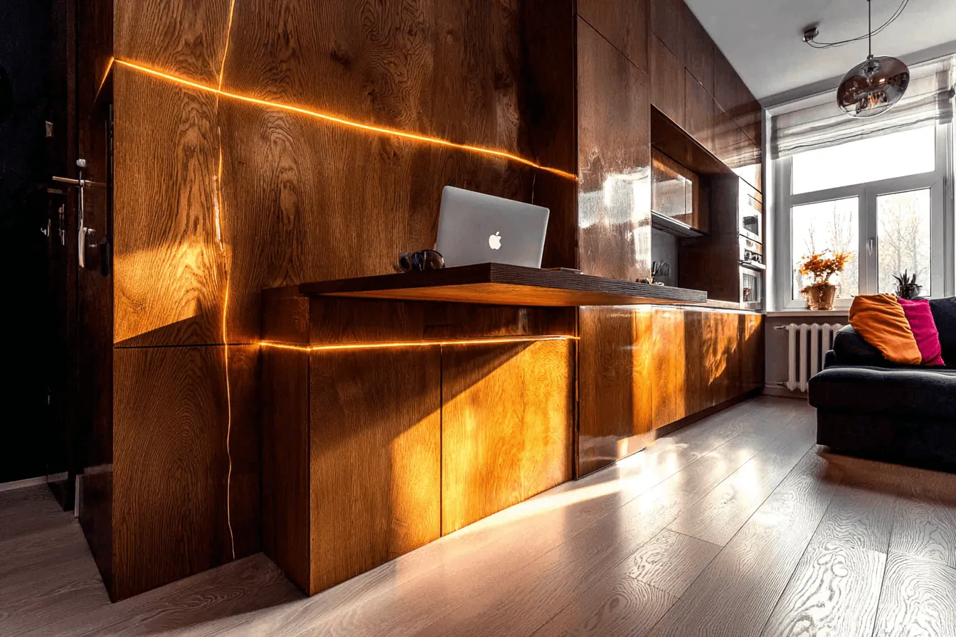 A compact wooden kitchen with a glowing strip light