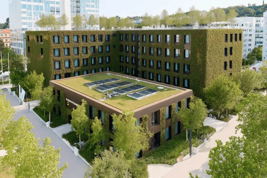 A building with a planted facade and solar panels on a green roof
