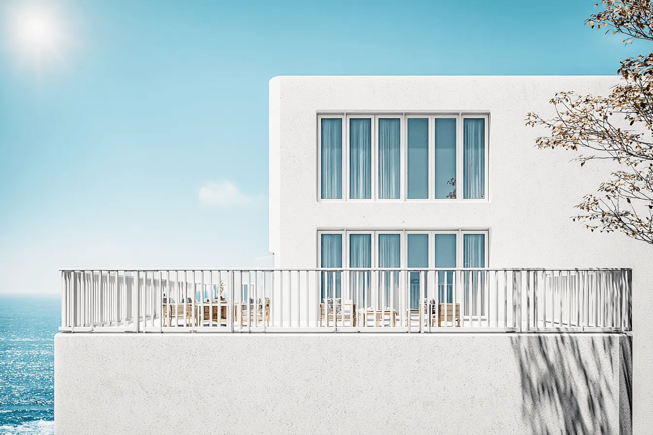 Crescent View Villas: a white villa with a terrace by the sea