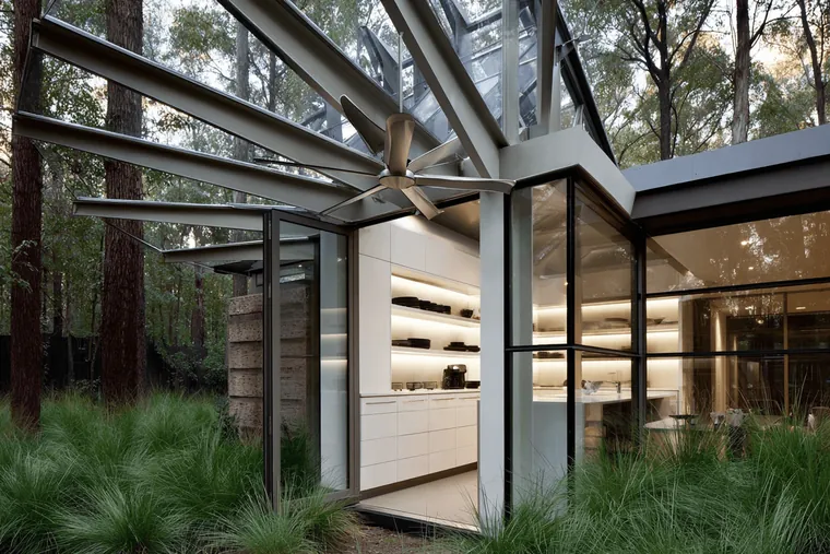A glass-roofed room with shelves among the trees