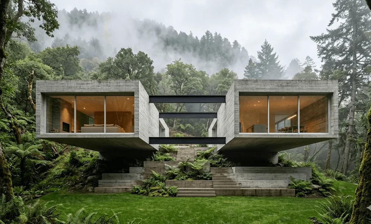Green Haven Residence: two concrete wings with glass fronts above a mossy forest stair