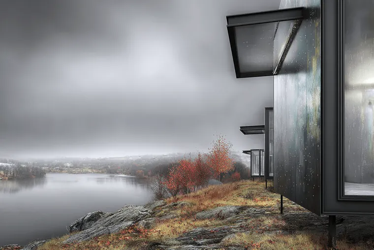 A glass room looking out over a foggy shore
