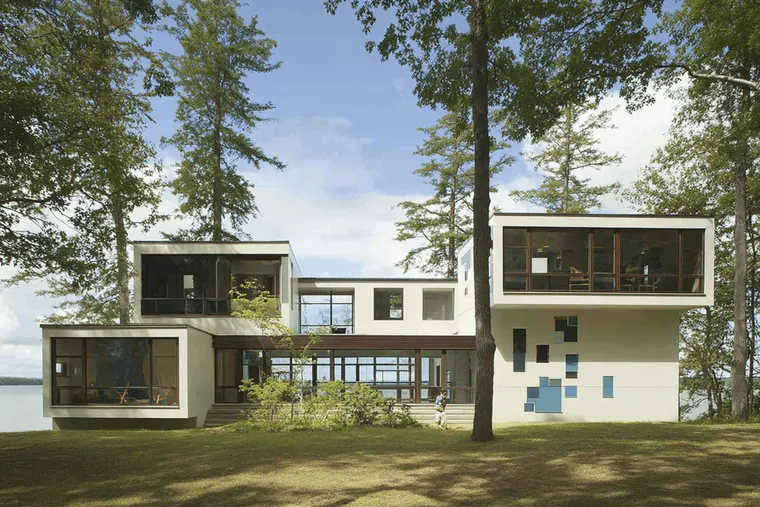 A modern house with a flat roof among pine trees