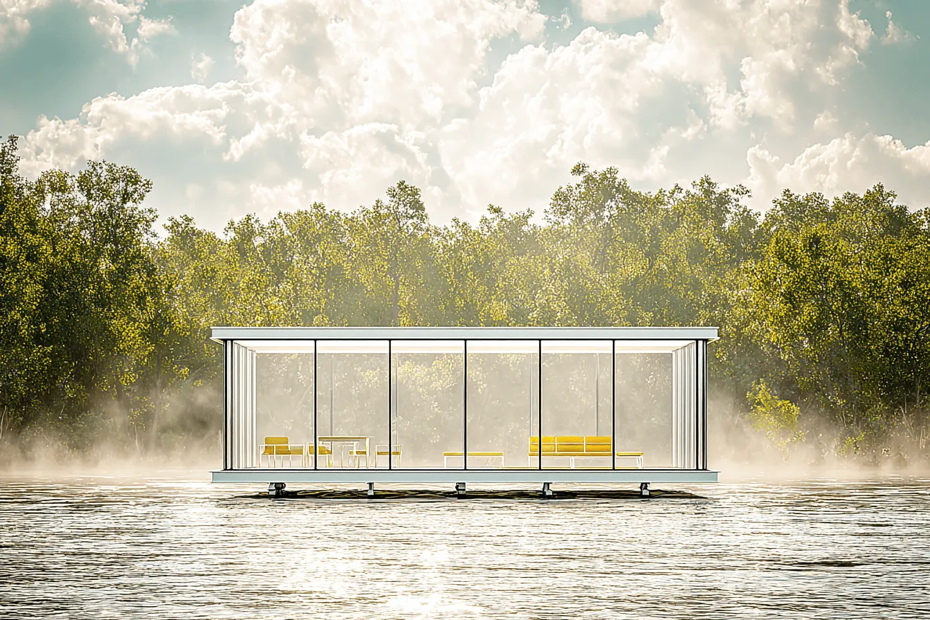 Lakeshore Pavilion: a glass pavilion floating on a misty lake