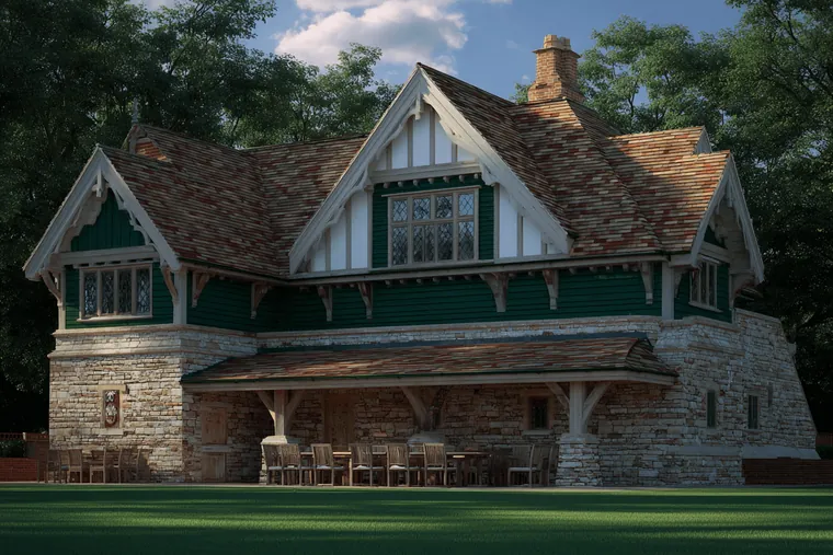 A timber-framed house with a tall roof on a lawn