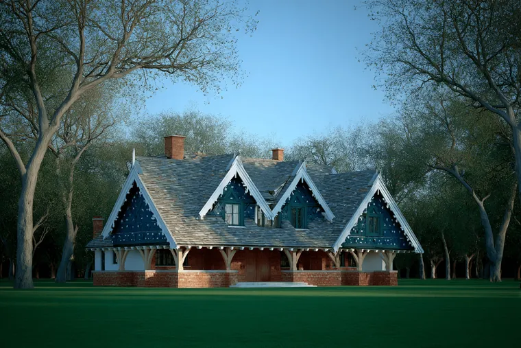 A house with lit gables between trees at dusk