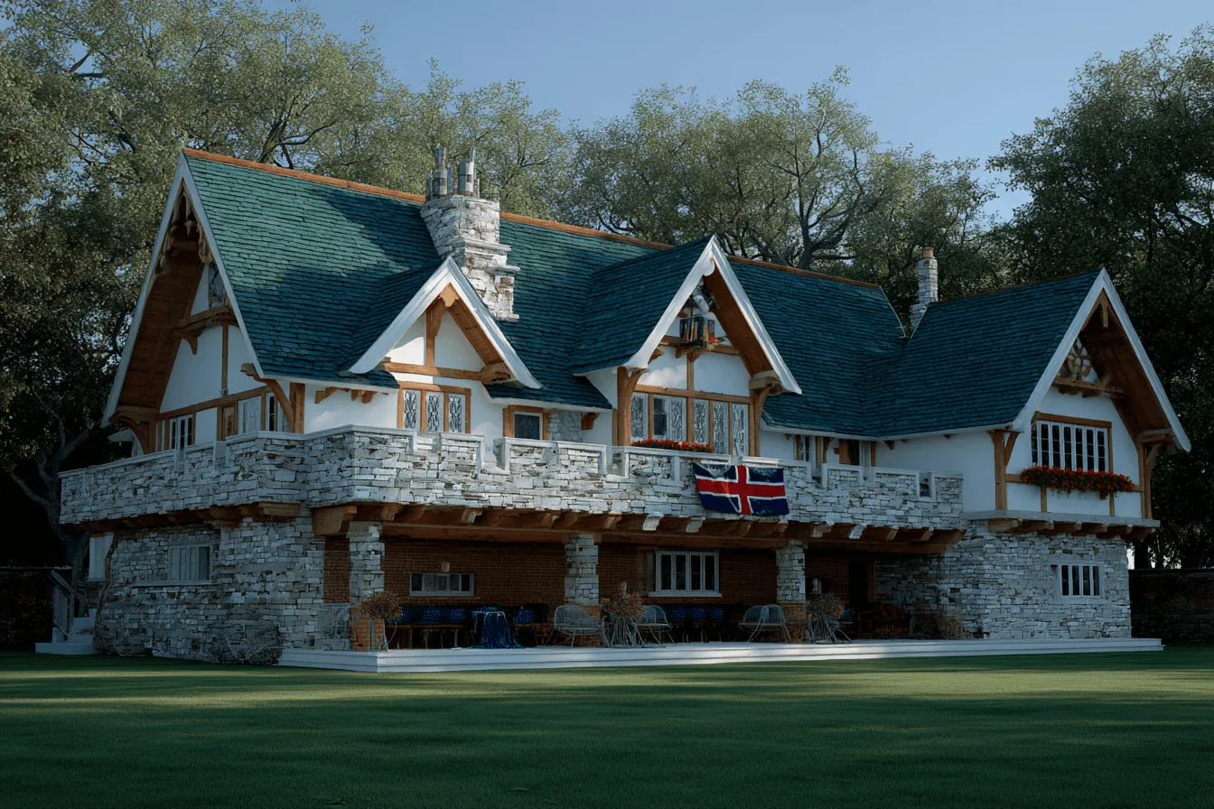 Rosewood Estate: a stone and timber manor with a steep green roof