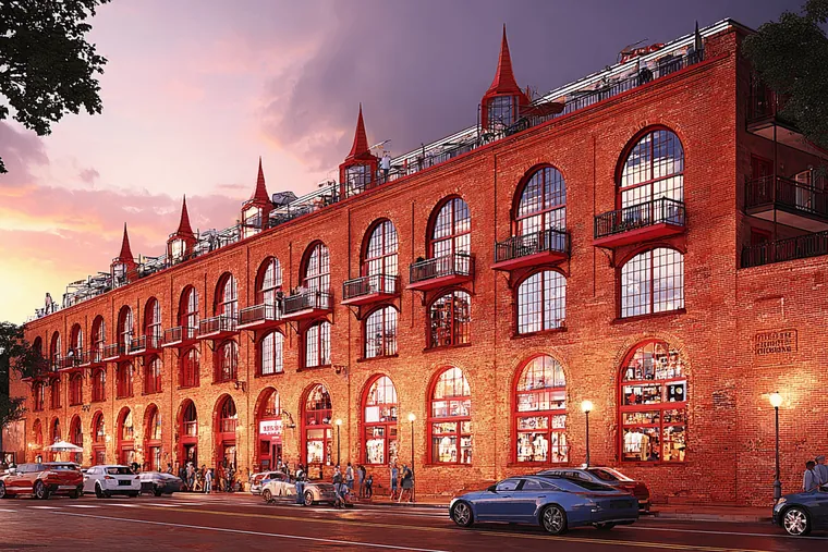A red brick block with rows of arched windows