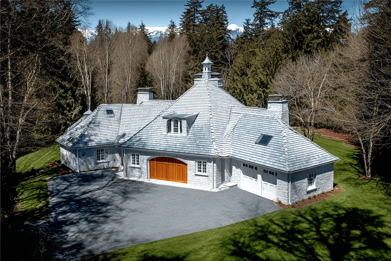 Willowbrook Manor: a white manor with a grey slate roof among tall trees