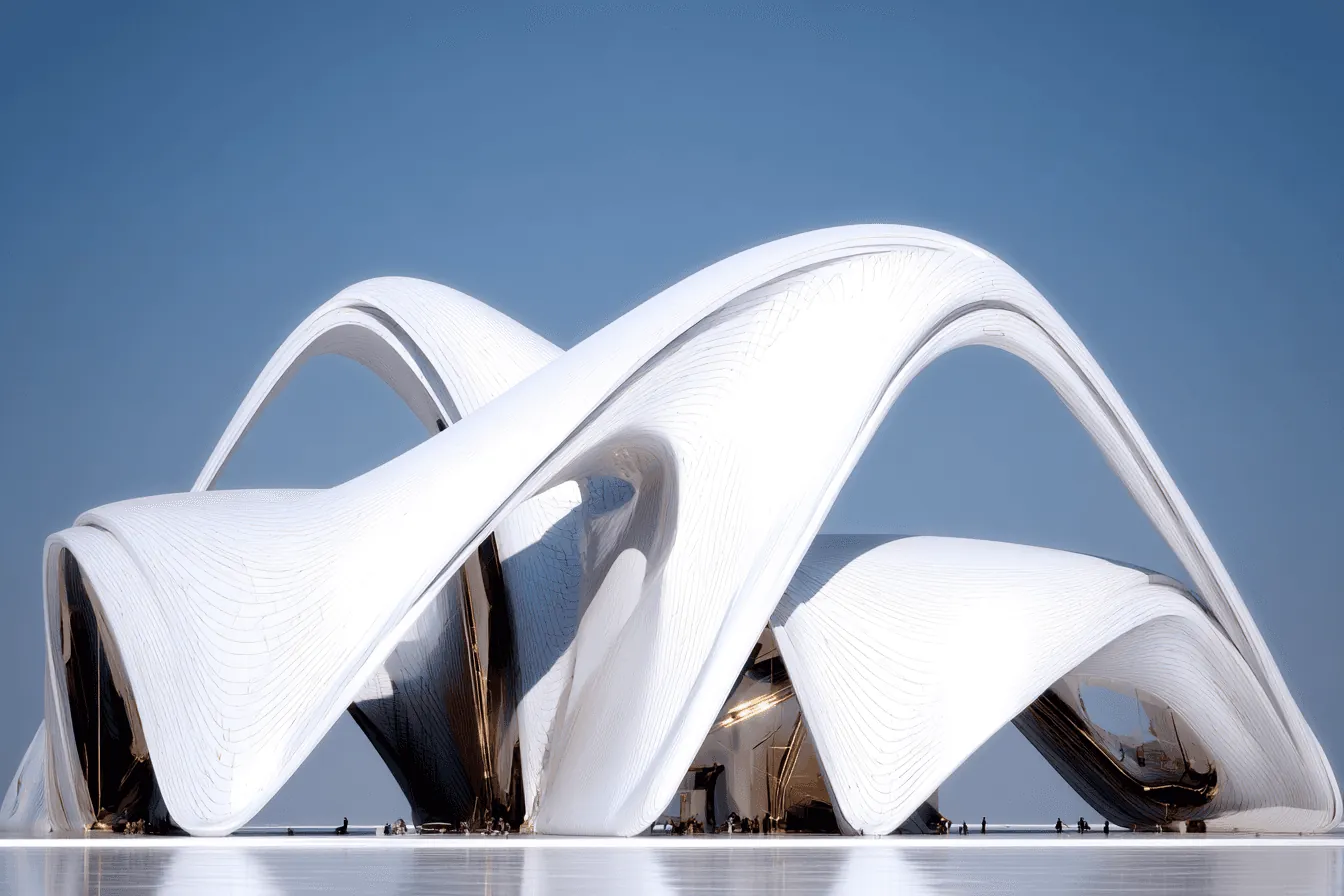 A white building of sweeping curved shells against a blue sky