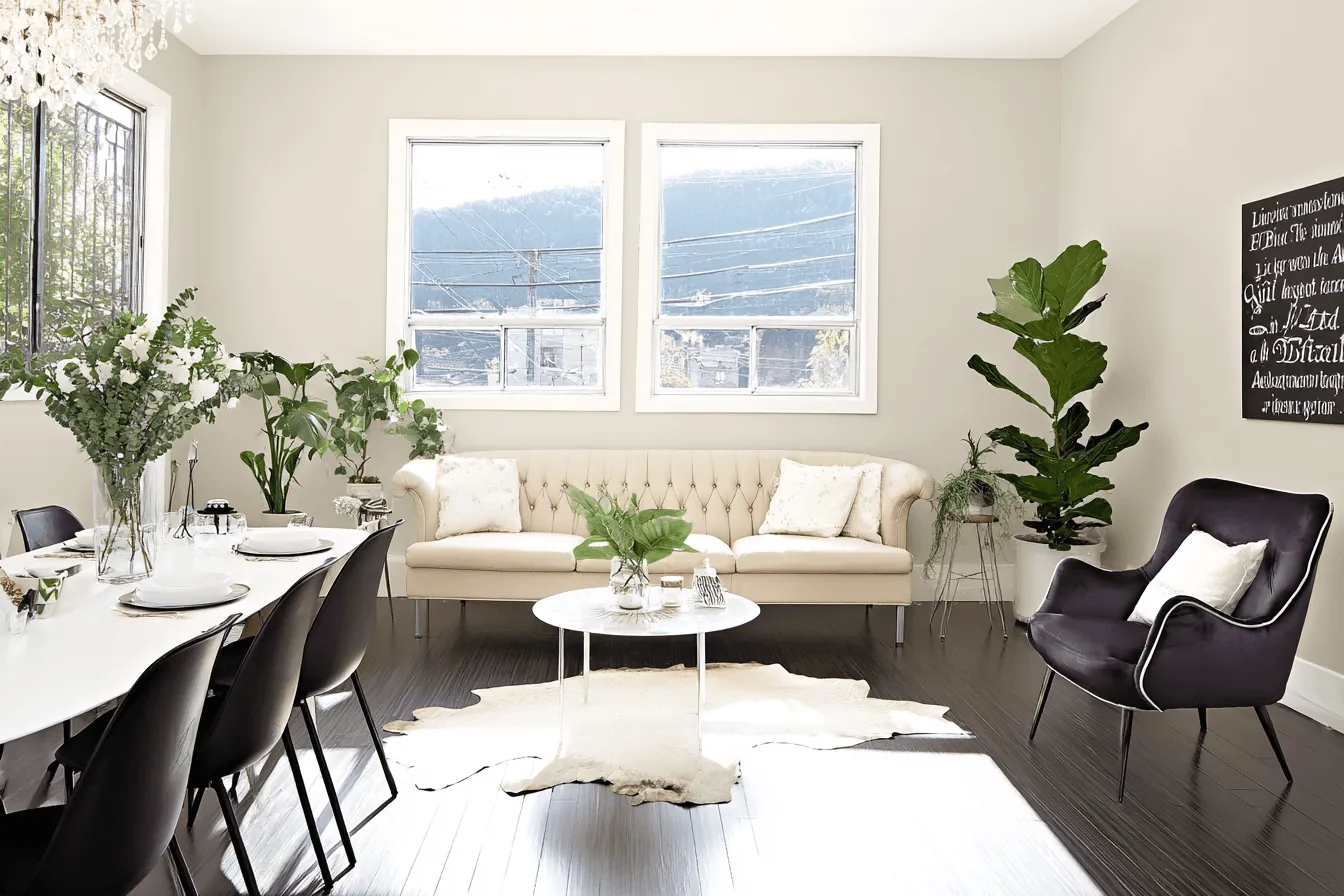 A bright living room with a sofa, a dining table and plants