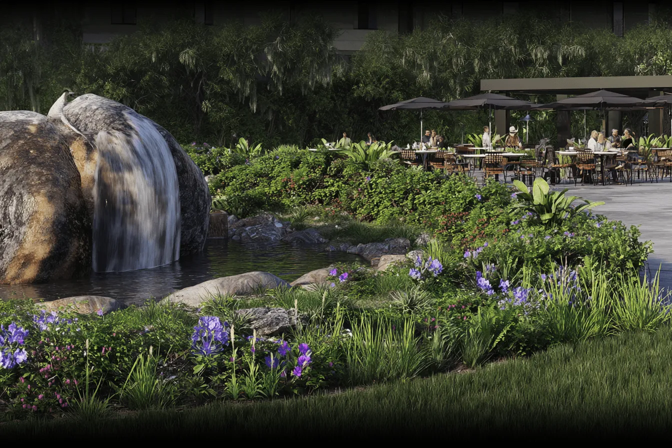 A planted garden with boulders and a terrace at dusk