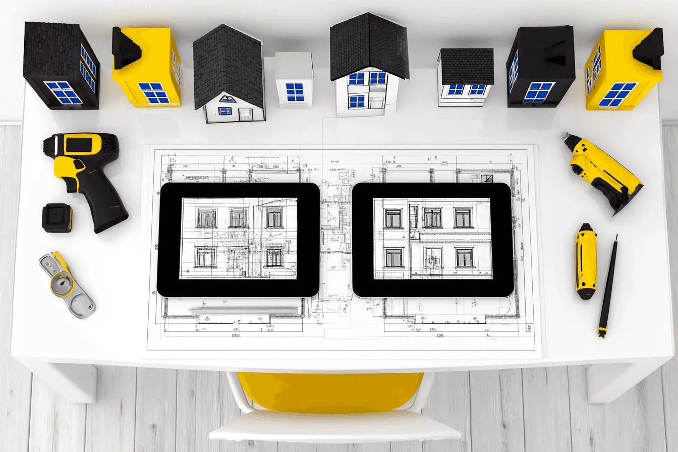 Tablets with floor plans, house models and tools on a desk