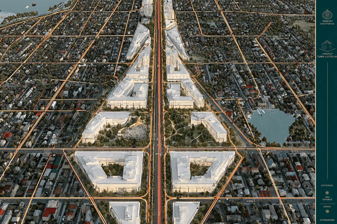 An aerial view of a planned district with green courtyards