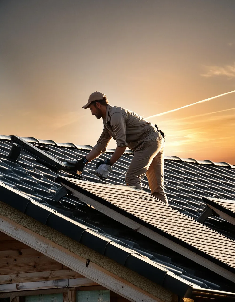 A roofer installing shingles on a new roof at dusk