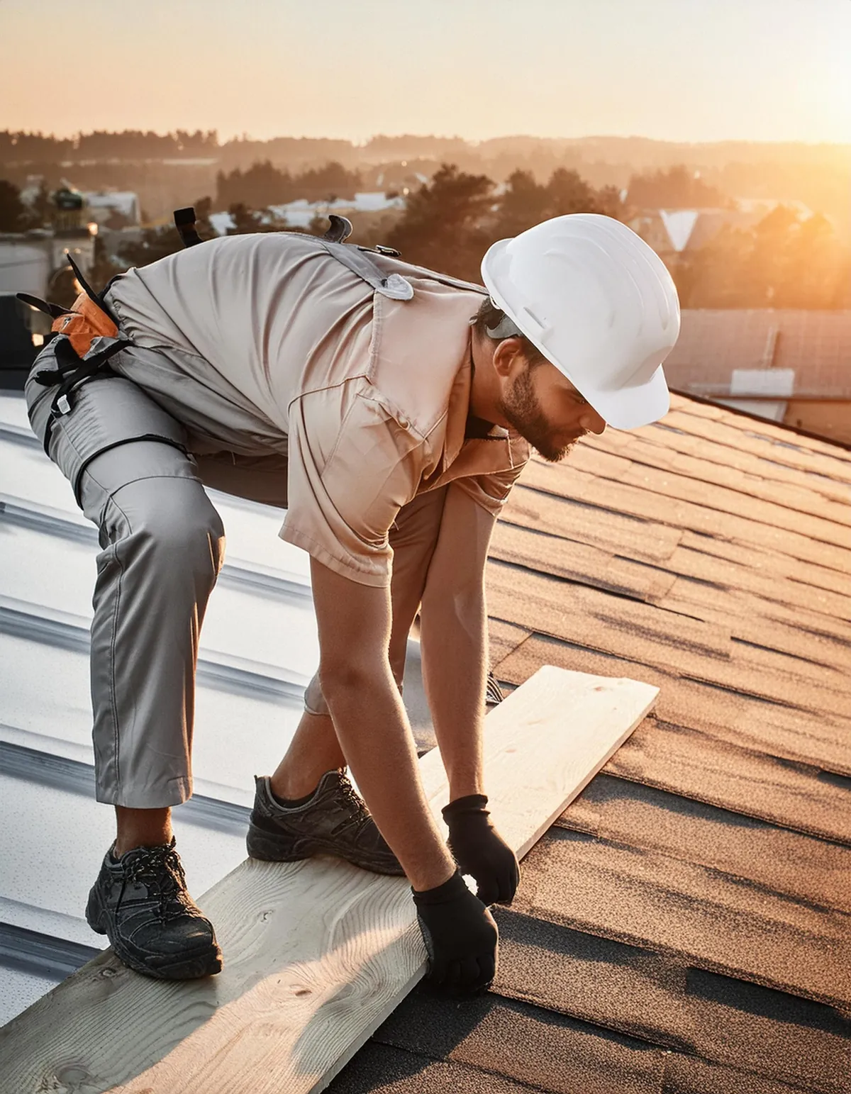 A roofer in a white helmet laying roofing sheets