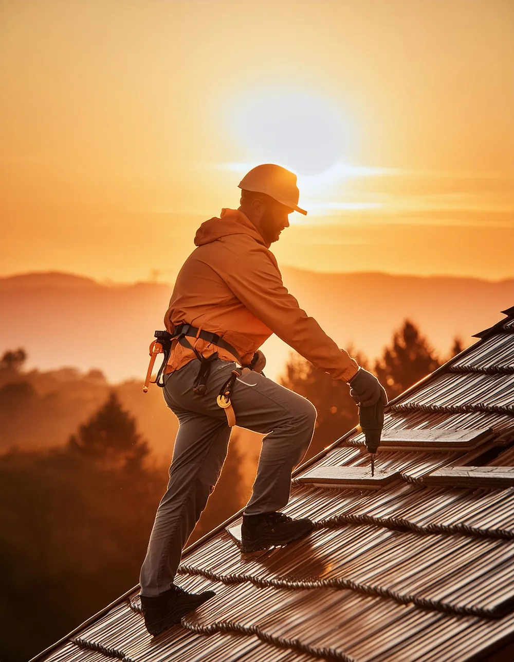 A roofer at work on a tiled roof against an orange sunset