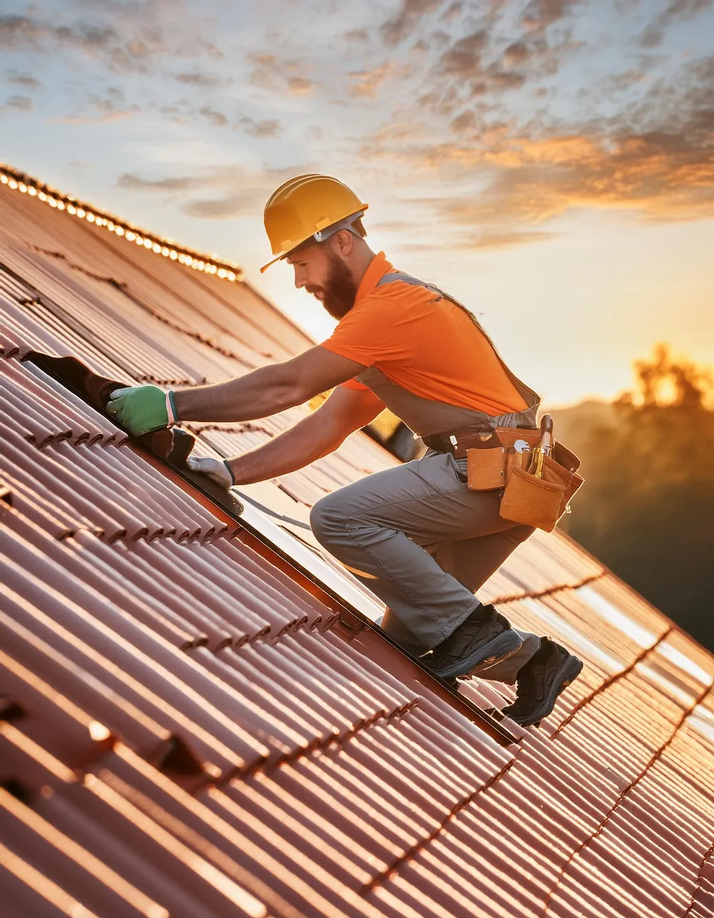 A roofer in an orange shirt and hard hat fixing a terracotta tile roof at sunset
