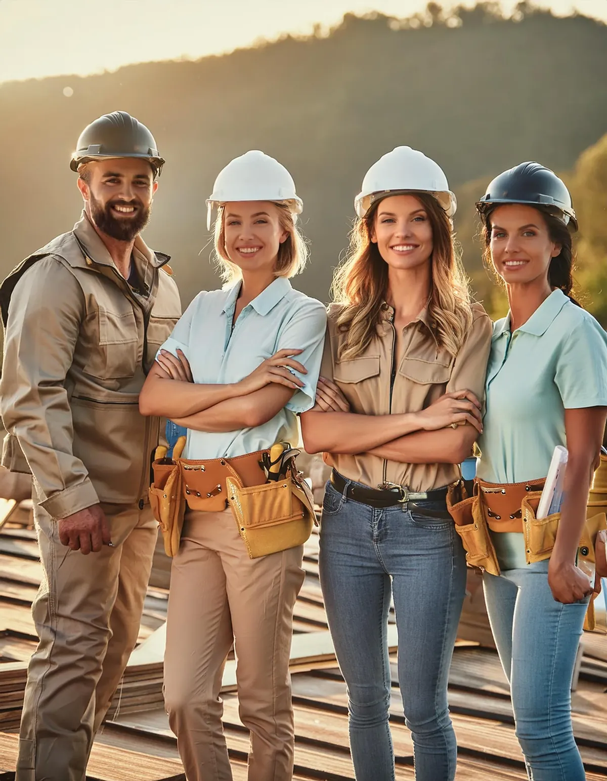 Four roofers in hard hats standing together with arms crossed on a roof