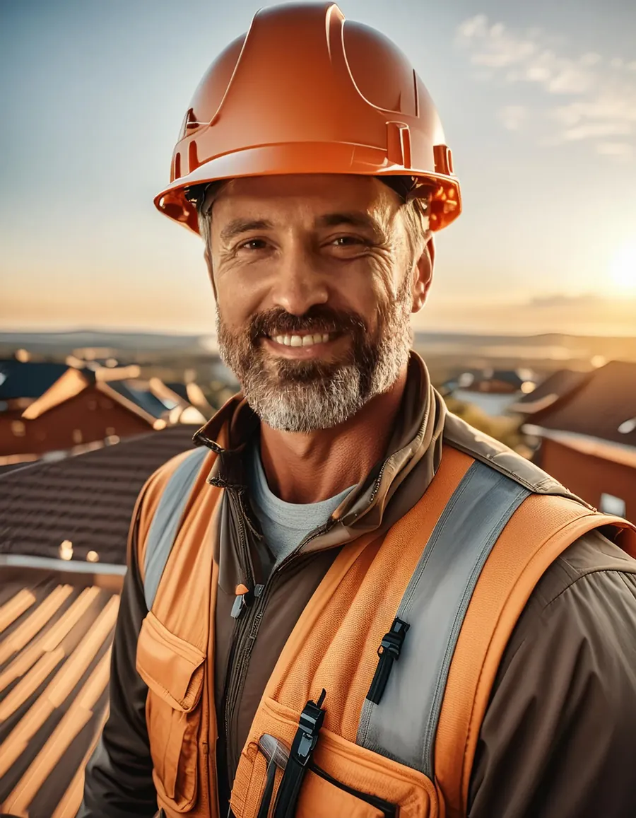 Michael Johnson, roofer and founder, in an orange hard hat and safety vest