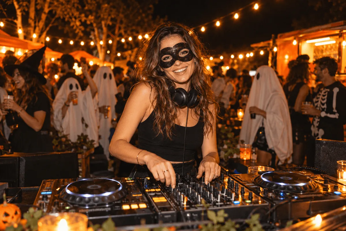 Masked DJ at a Halloween courtyard party beneath amber string lights