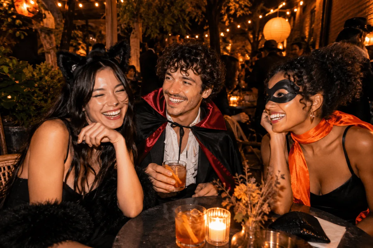 Three costumed friends laughing over drinks at a late-night Halloween courtyard table