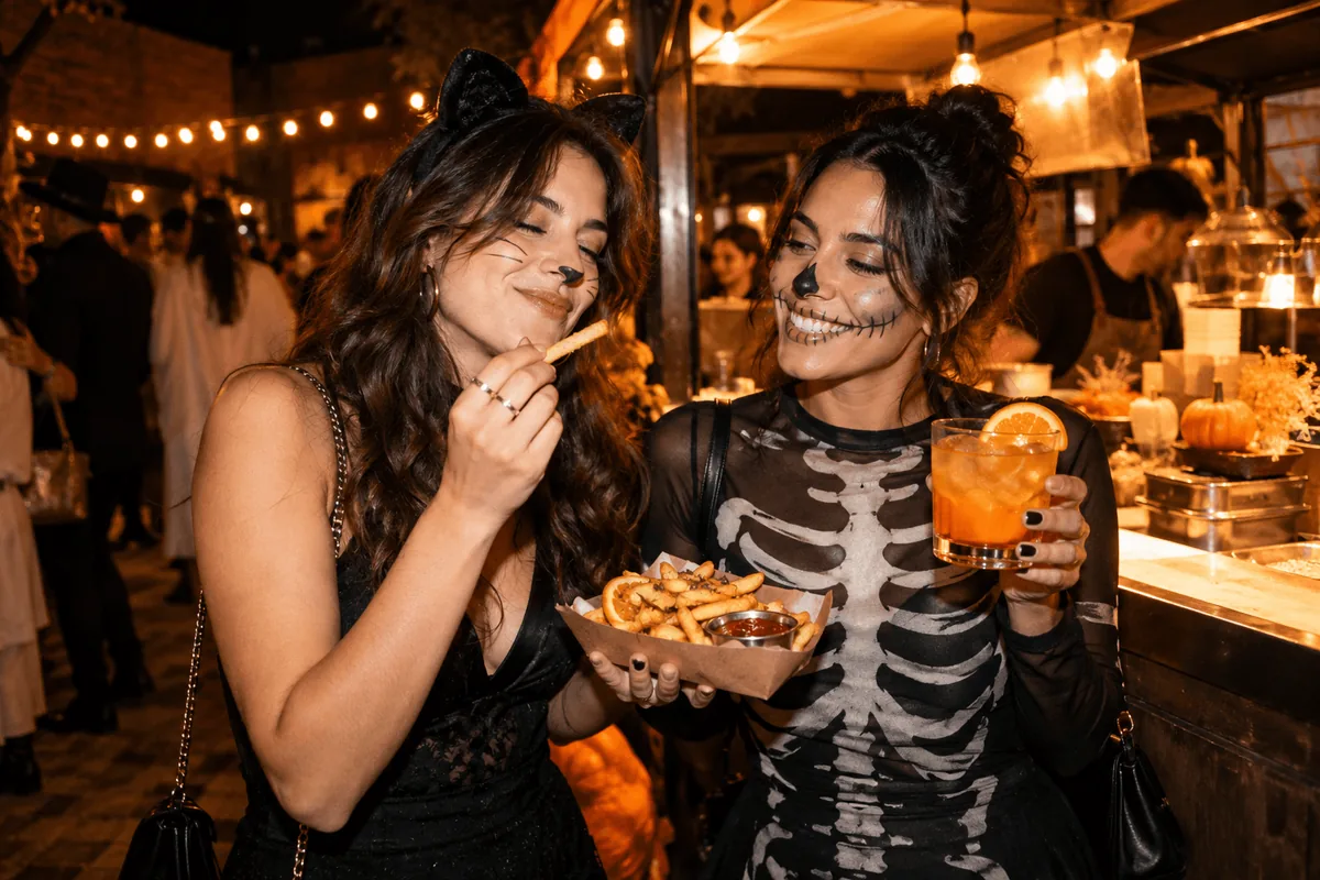 Two friends in cat and skeleton costumes sharing fries and an orange cocktail at a Halloween food stall