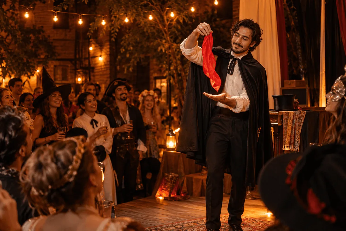 A magician in a black cape performing a red-scarf trick for a costumed Halloween audience