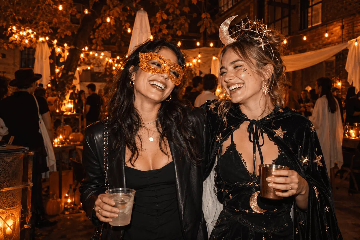 Two friends wearing an orange masquerade mask and a moon costume at a Halloween party