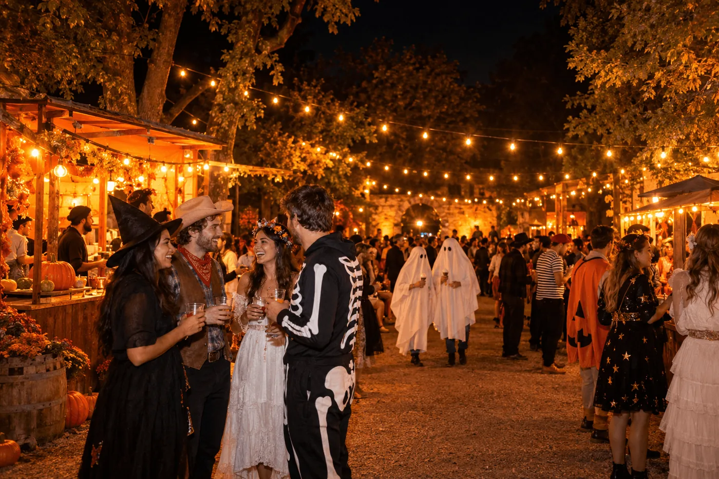 Costumed Halloween guests mingling among warm food stalls and amber string lights
