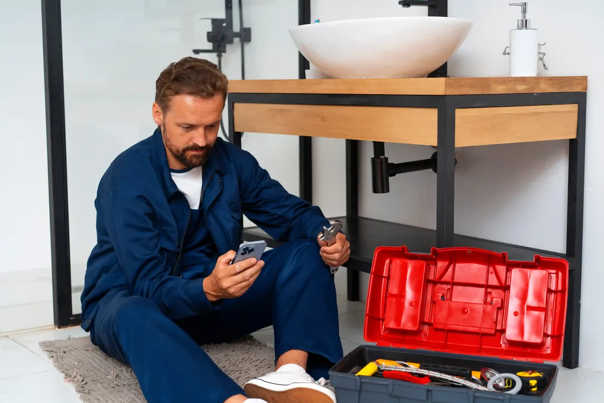 A man in a blue coverall sits on the floor under a wooden bathroom sink holding a wrench in one hand and a smartphone in the other, with an open toolbox containing various tools beside him.