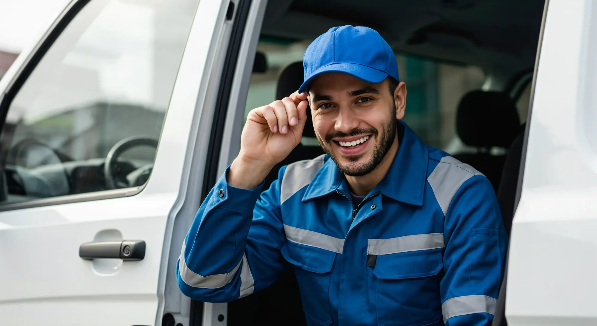 Gullwick plumber smiling from his service van