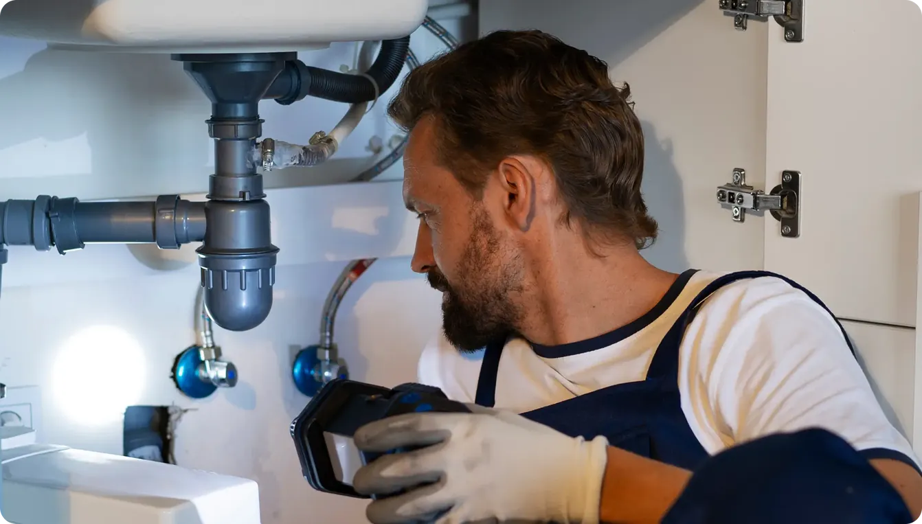 Plumber inspecting pipes under a sink with a flashlight