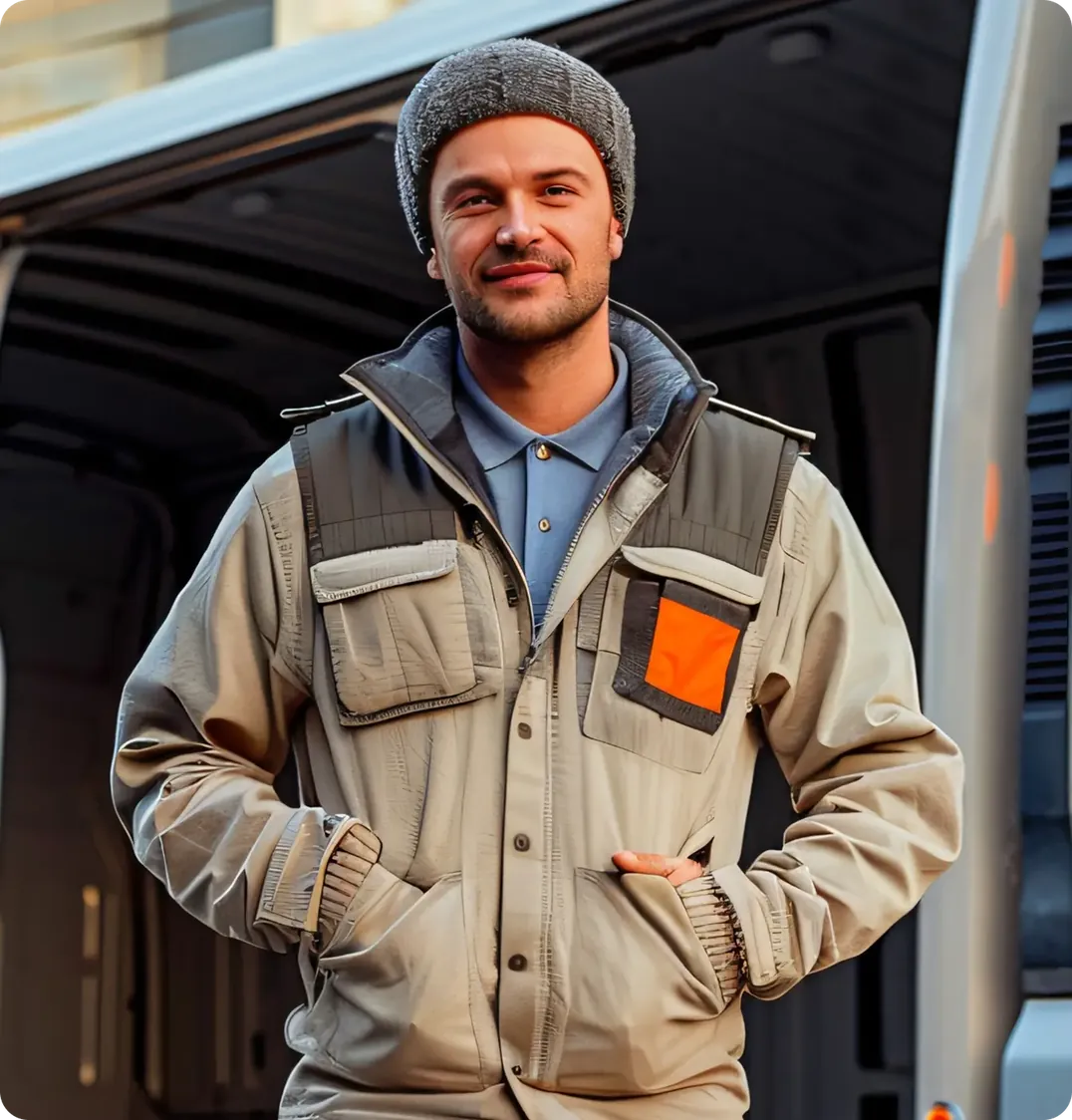 Smiling plumber in a beige work jacket and grey beanie standing with hands in his pockets