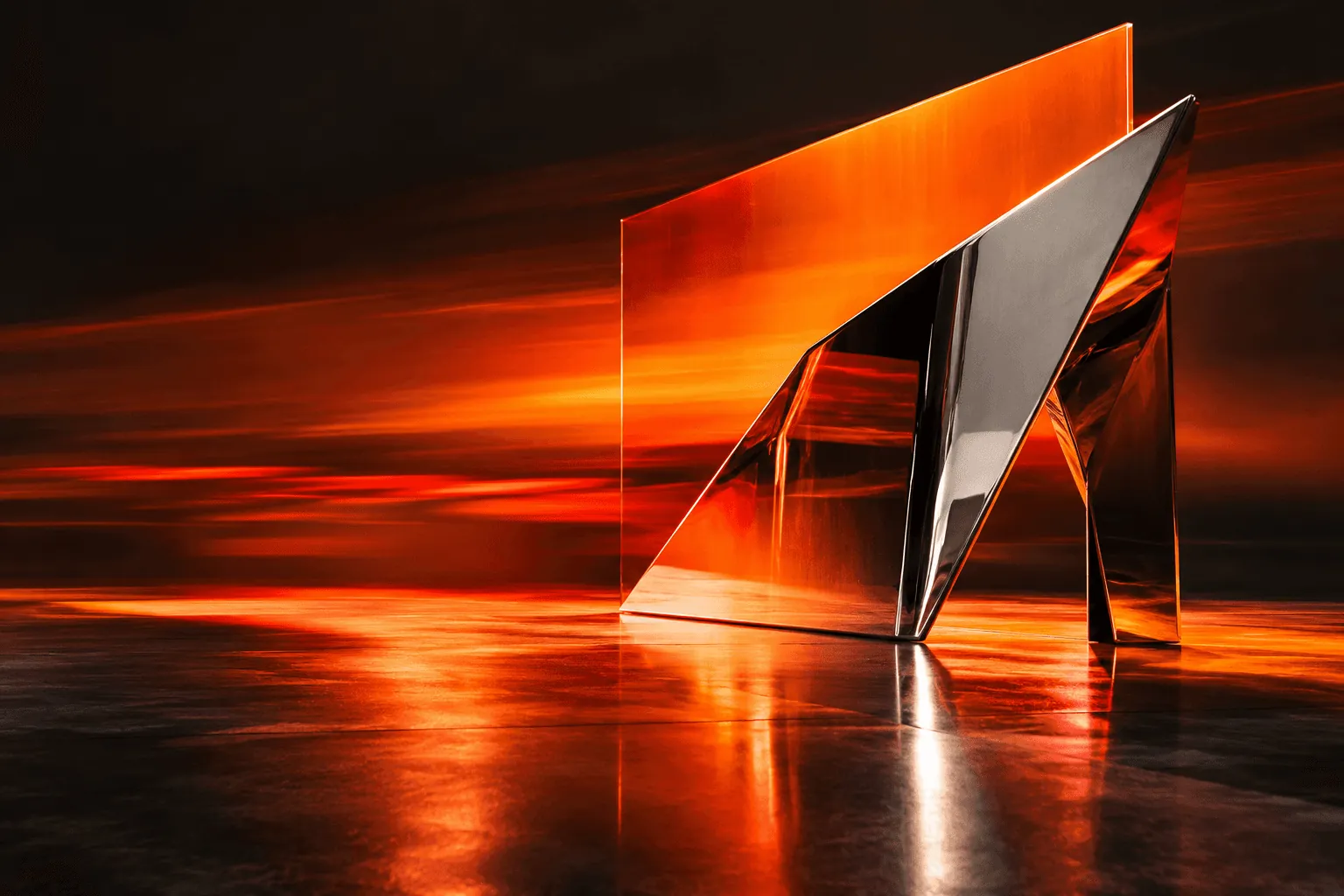 An angular glass form glowing orange on a dark reflective floor