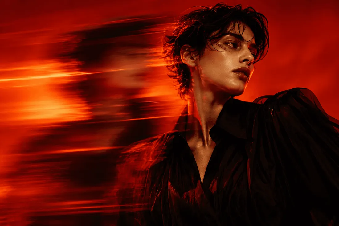 A portrait with crimson lighting and photographic motion