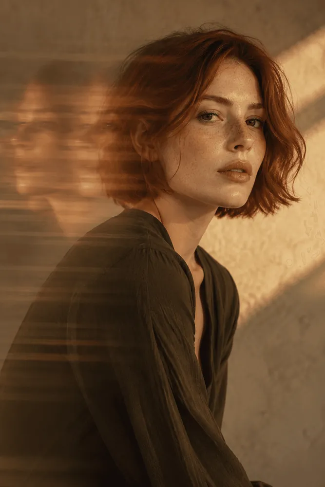 Editorial portrait in warm studio light with a soft motion blur