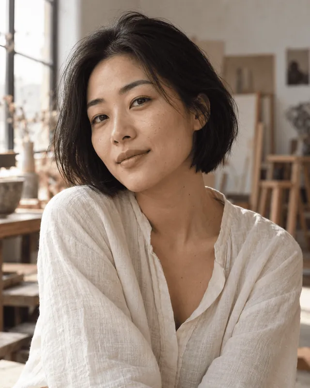 A woman in a cream shirt by a bright studio window