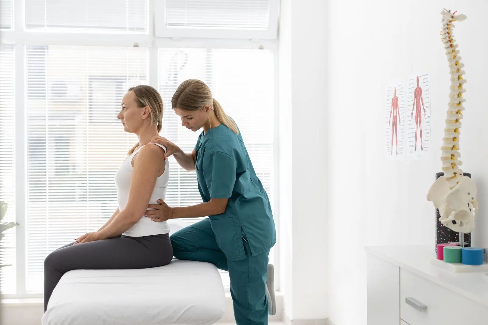 A physiotherapist checking the posture of a seated patient’s back