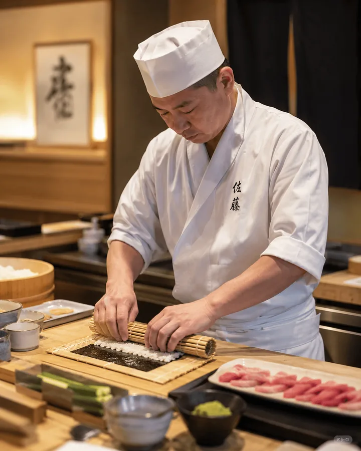 A sushi chef in whites rolling maki at a wooden counter