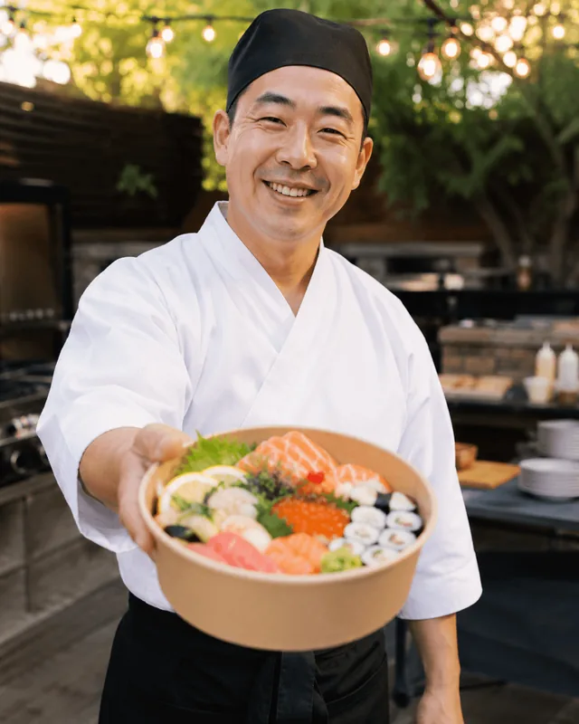 A smiling chef holding out a sushi bowl