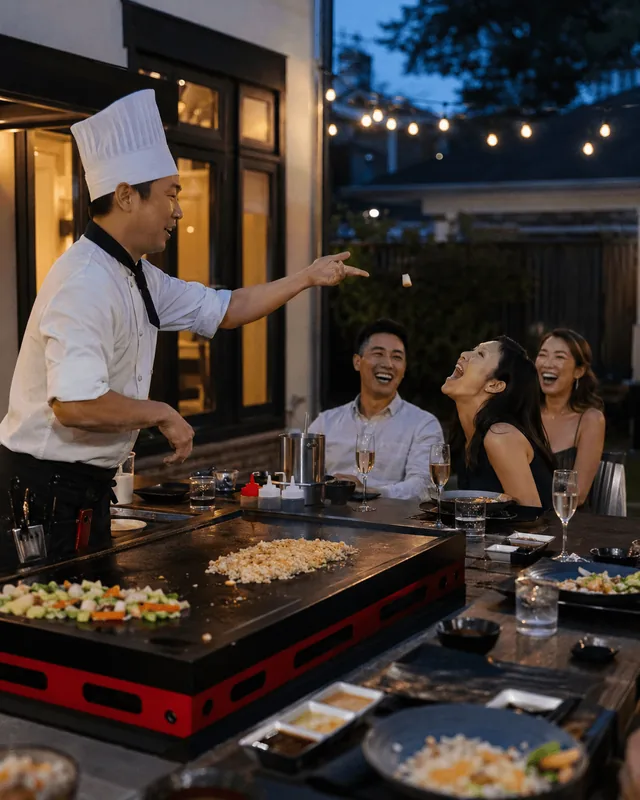 A chef cooking at the grill as guests look on