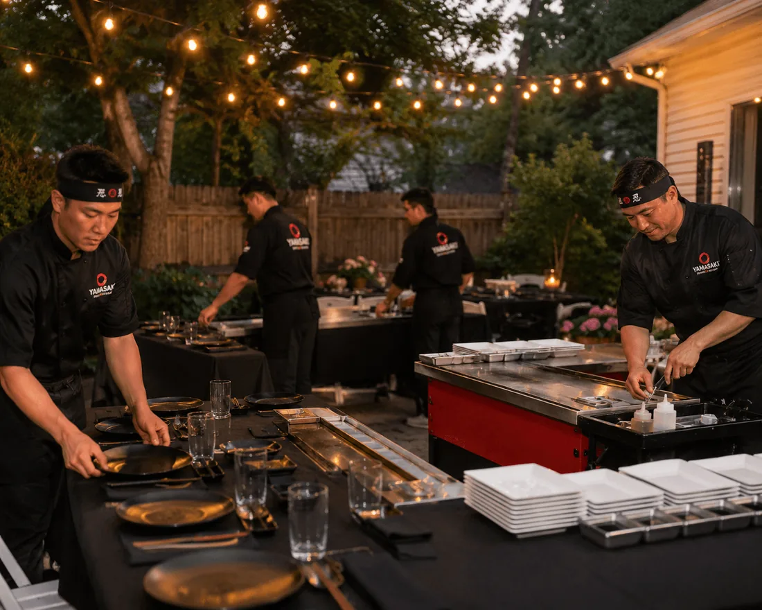 Chefs cooking at a counter in a backyard strung with lights