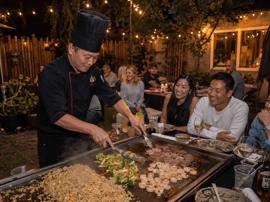 A chef cooking for a backyard gathering at night