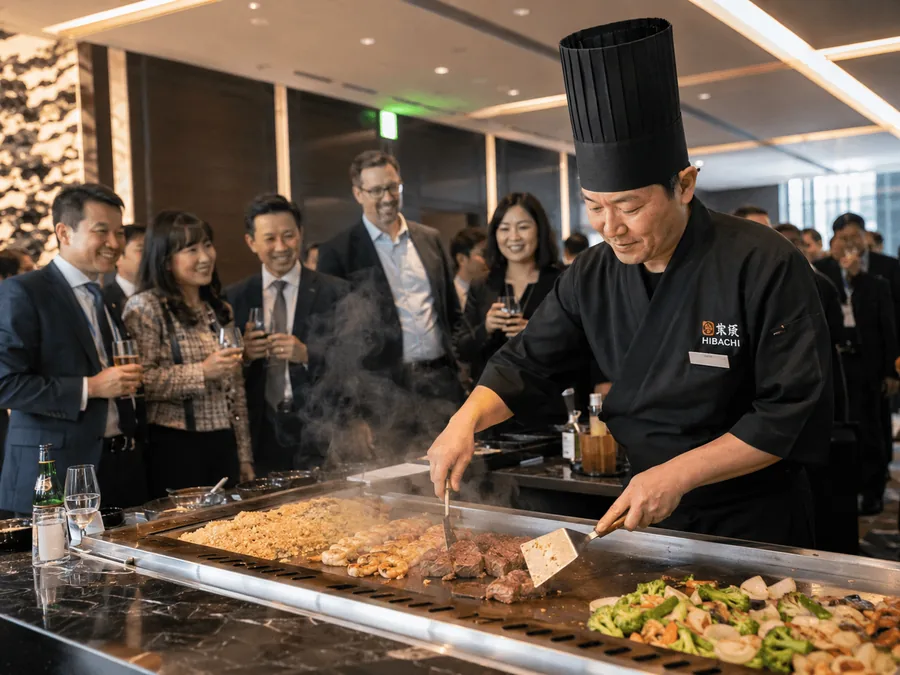 A chef at the grill in front of guests at a corporate event