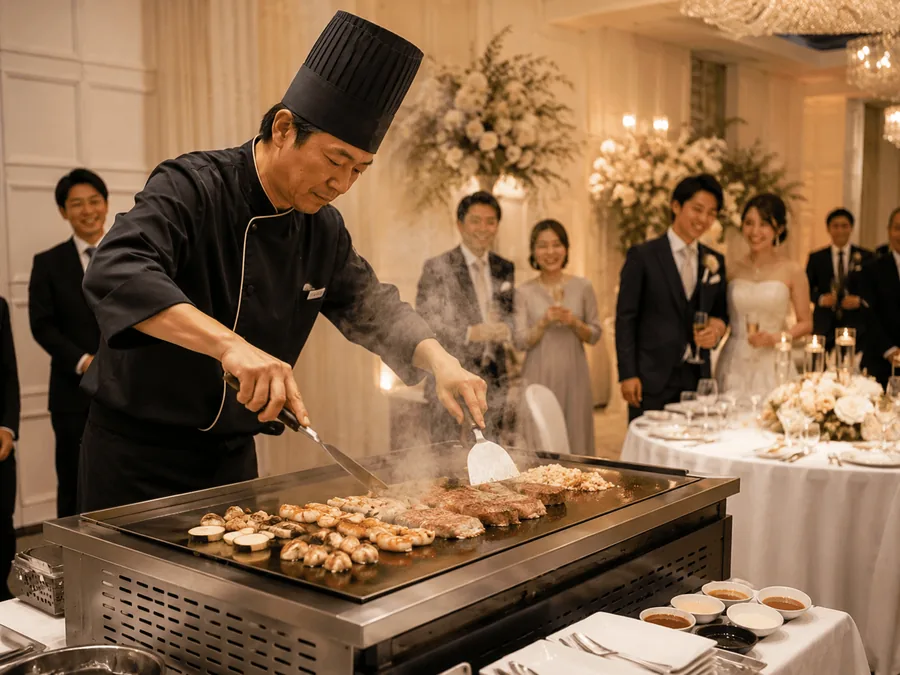 A chef cooking for a wedding party in a white room