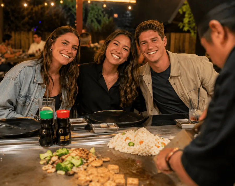 Friends laughing together at the chef’s counter