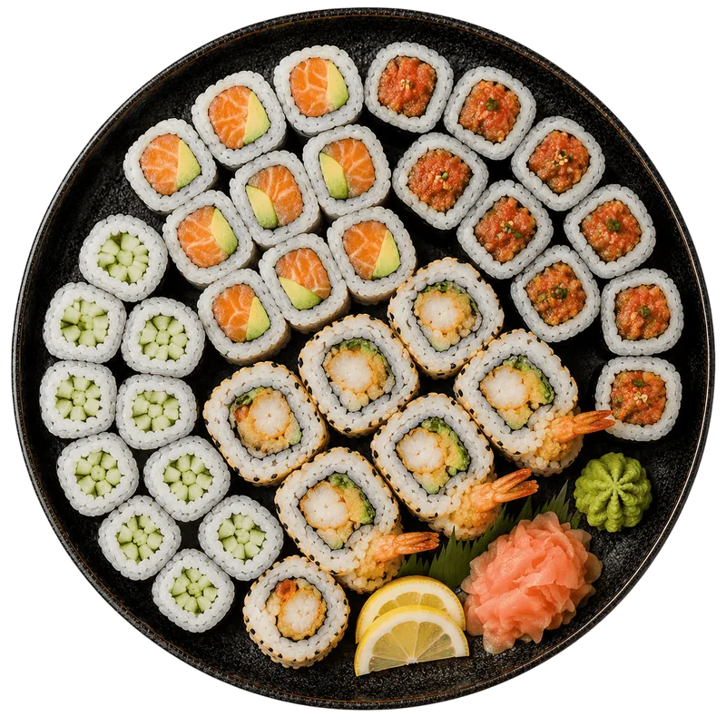 A platter of maki and hand rolls with shrimp tempura