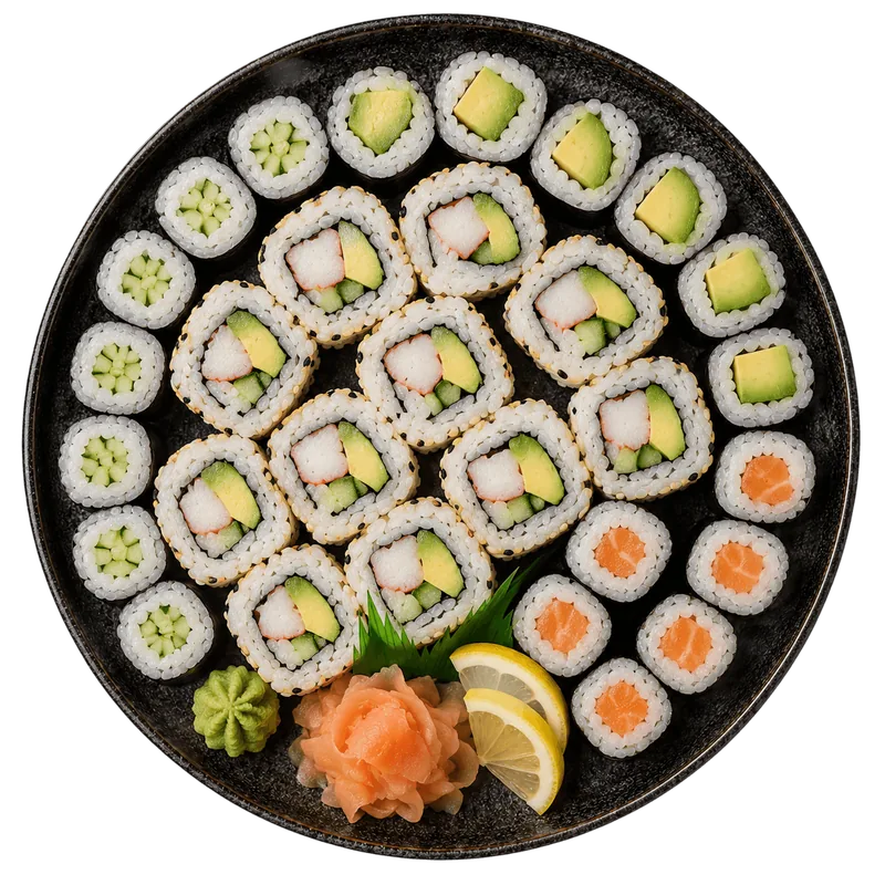 A platter of small cucumber and avocado rolls