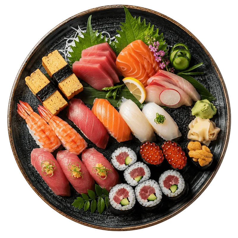 An omakase platter of sashimi, nigiri and rolls